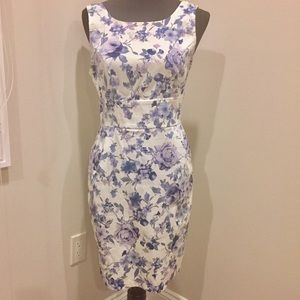 Floral blue and white hourglass spring dress EUC